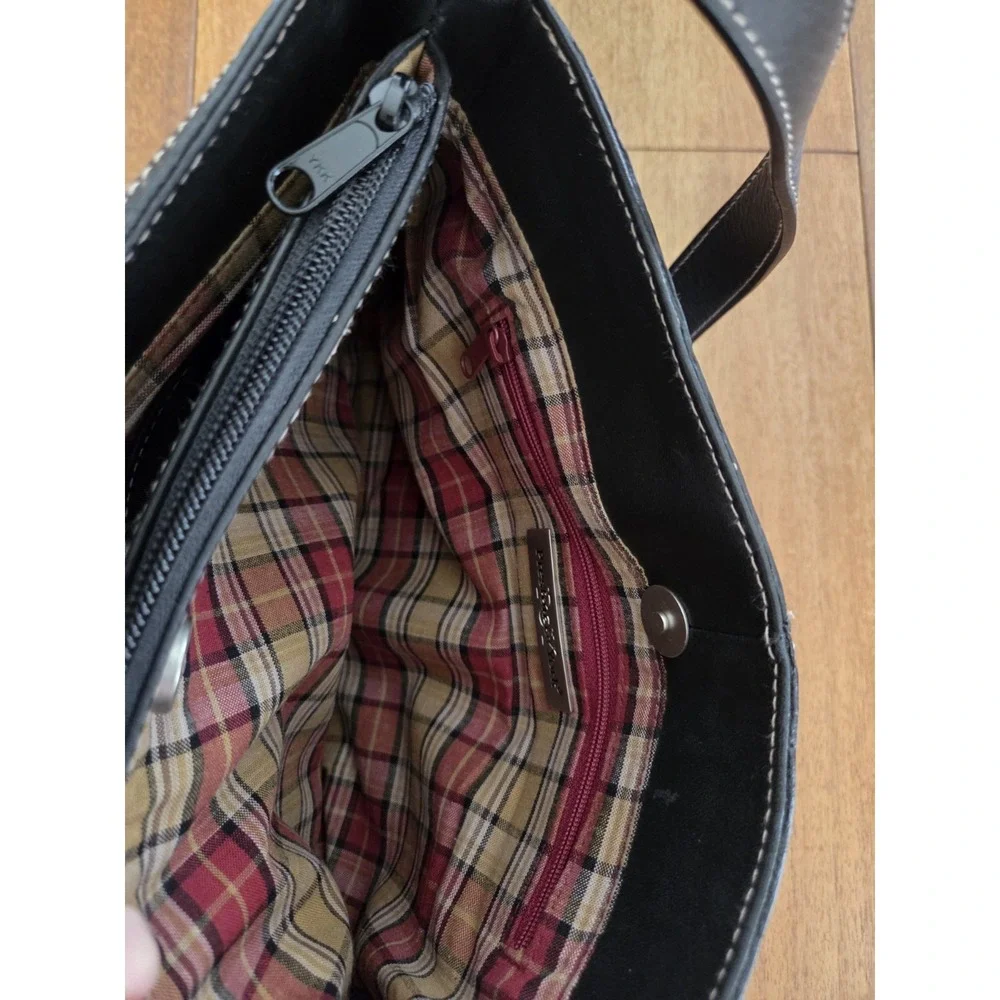 Vtg Preston & York Leather Crossbody Shoulder Purse Adjustable Blk Stitch Trim‎